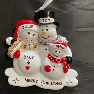 Schneemann-Familie erwartet Kind mit 1-2-3-4 Kindern Weihnachtsbaumschmuck, beste neue Babymitteilung, schwangere Verzierung, kundenspezifische Babygeschenke