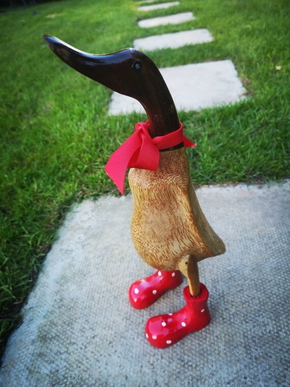 Wooden Bamboo Duck in Red Polka Dot 