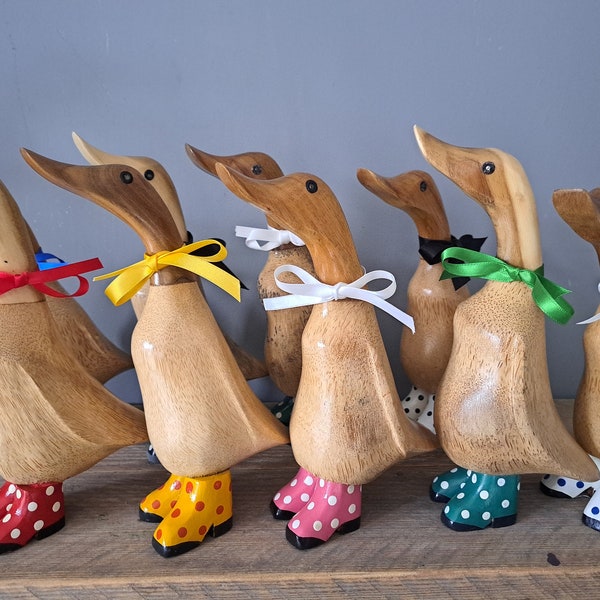 Mini dotty booted ducks. Colourful handmade small bamboo ducks. Gift for her, gift for wife, housewarming gift, spring home decor