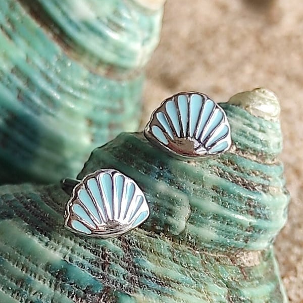 Silver Shell Earrings, 925 Sterling Silver Shell, Enameled Stud Turquoise Blue, Sea Clam Stud Earrings, The Little Mermaid Silver Earrings