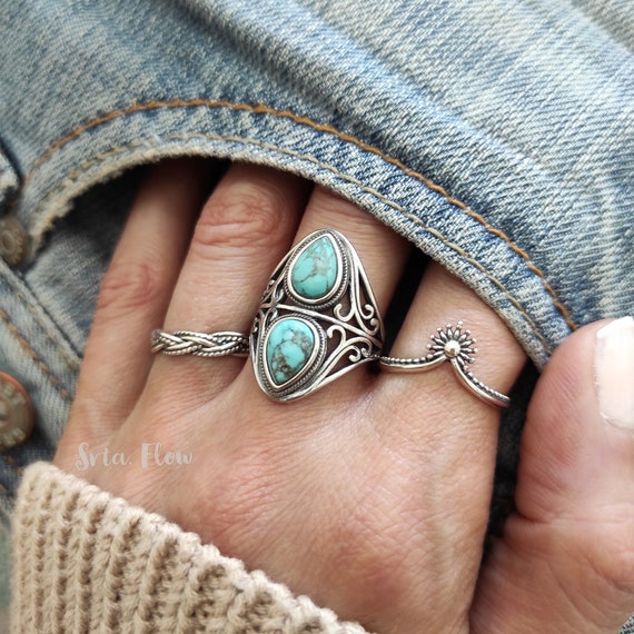Silver and Natural Turquoise Ring S925 Double Drop Ring