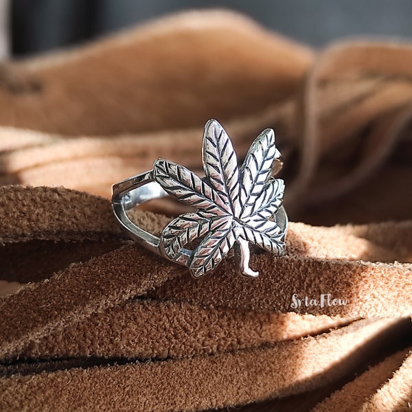 Bague feuille de marijuana en argent sterling, bague feuille Sativa argent 925, bague réglable marijuana, bague feuille de cannabis pour hommes et femmes, bague unisexe