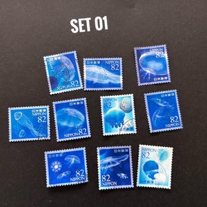 10 x Japan Briefmarken Unterwasserwelt Qualle - aus Papier - zum Kartenbasteln, Sammeln, Scrapbooking, Basteln