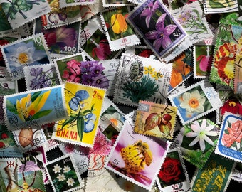 Flower themed postal stamps - mixed for collectors, art and craft, gift