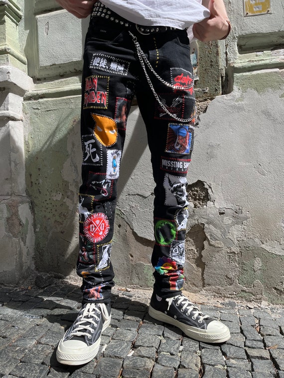 Custom Punk Patched Black Jeans Sz 28x30 Handmade Crust Pants Raccoon –  Femin