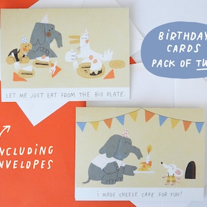 Birthday Greeting Cards by Mocculere / Pack of 2 Illustrated Cards with Envelopes / Colourful, Funny and Unique Bundle of Bday Cards