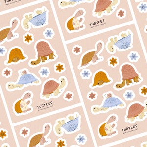 Feuille d'autocollants Tortues par Mocculere / Stickers décoratifs brillants en vinyle / Jolies fleurs et tortues colorées coupées