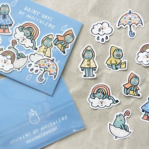 Pacote de adesivos Rainy Days da Mocculere / Adesivos de vinil recortados brilhantes / Sapos de abril chuvosos