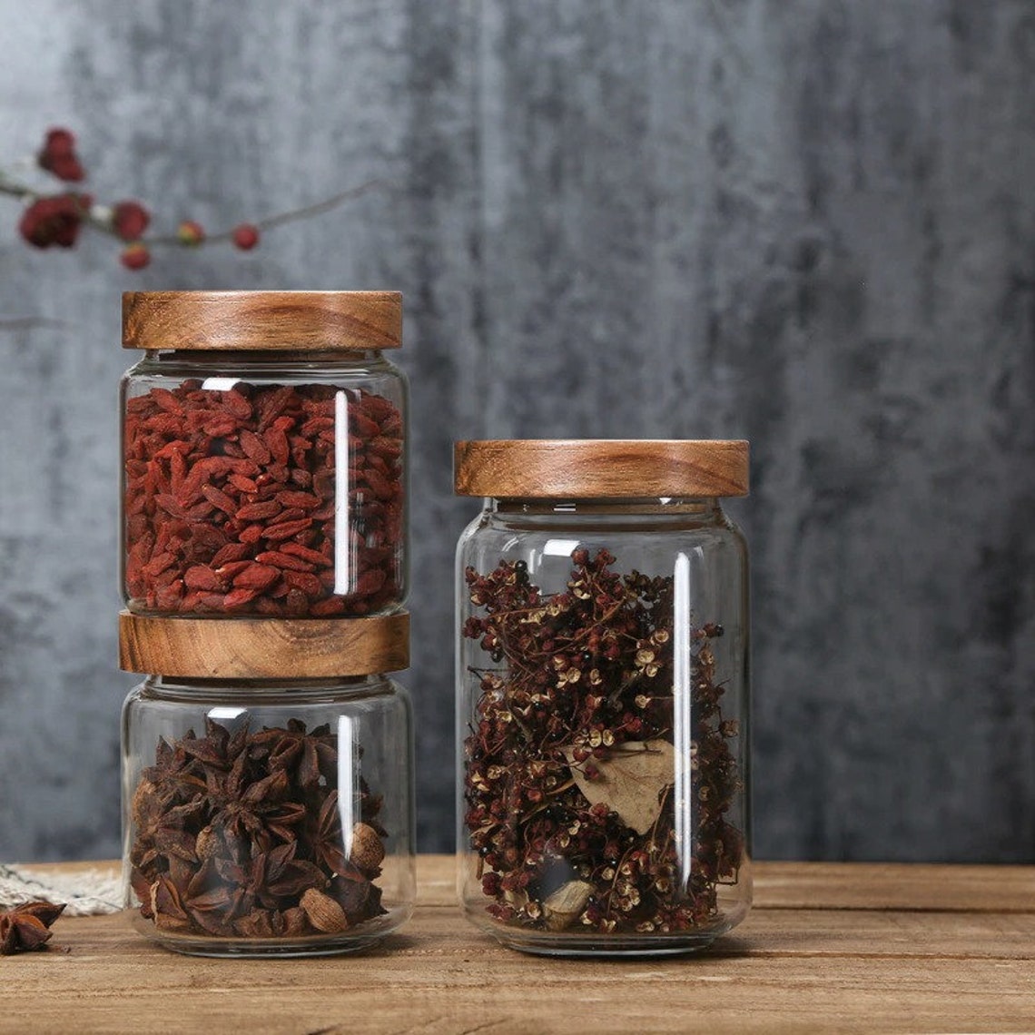 Glass Spice Jars with Wood Lid Kitchen Storage Bottles pantry Etsy
