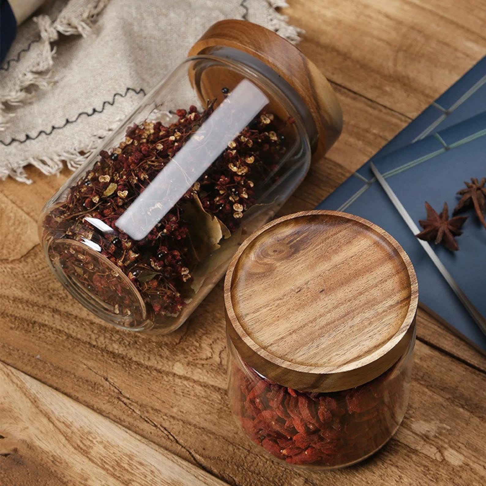 Handmade Glass Spice Jars With Wood Lid Kitchen Storage Etsy