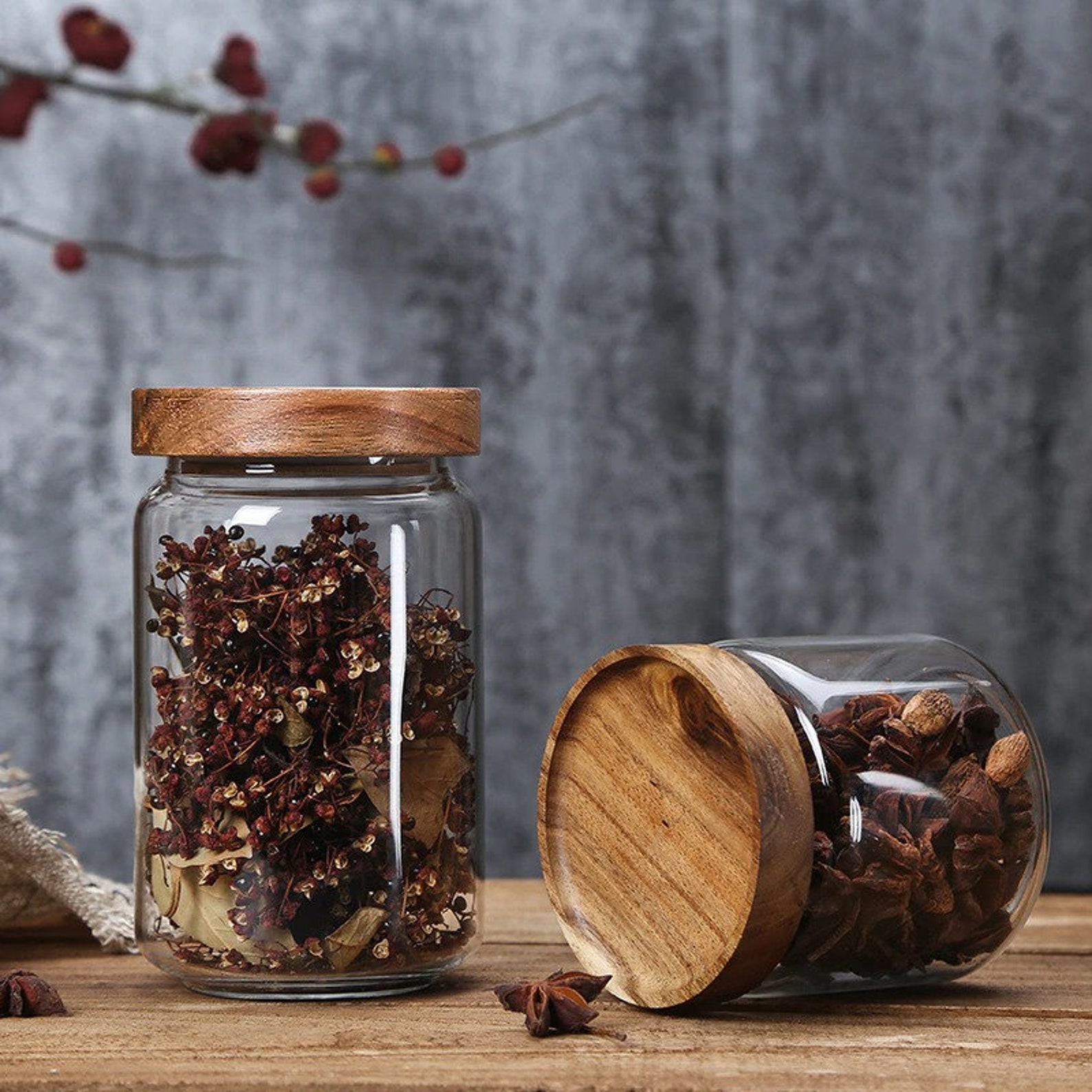 Handmade Glass Spice Jars With Wood Lid Kitchen Storage Etsy