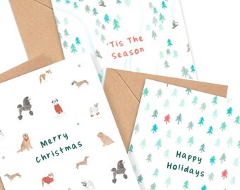 Set of 6 Christmas Cards Variety Pack, Christmas Cards Set, Merry Christmas Card, Happy Holidays Cards, Winter Greeting Card, Snowy, Trees