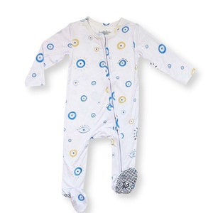 Evil Eye Bamboo Baby Footie, Baby Onesie, Evil Eye Bamboo Toddler PJ&#39;s, Greek Baby, Arab Ayn Newborn, Lucky Eyes