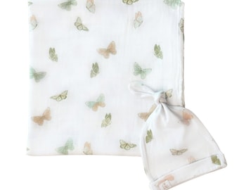Baby Butterfly Swaddle Blanket, Butterfly Baby Shower Gift, Baby Girl Bamboo Muslin Swaddle Set, Muslin Burp Cloth, Baby Blanket for Girls