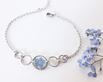 Forget me not Bracelet Blue Flowers Chain Bracelet Real Pressed Flower Resin Forget me not Turquoise Bracelet for teen Friendship jewelry
