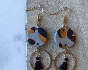 Gray Leopard Print Circle Tassel Dangles