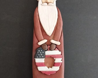 Vintage Wooden Santa with Flag Figurine, Christmas Decor, Christmas Gift, Holiday Decor, Tiered Tray Christmas Decor, Country Christmas