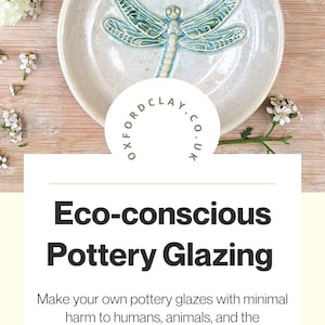 May include: A white ceramic dish with a blue dragonfly design. The dish is on a wooden surface with white flowers. The text "Oxford Clay.co.uk" is on the dish. Eco-conscious pottery glazing.