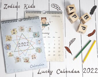 Printable Zodiac Kids Lucky Calendar 2022, digital files pdf png jpeg funny kind callendar