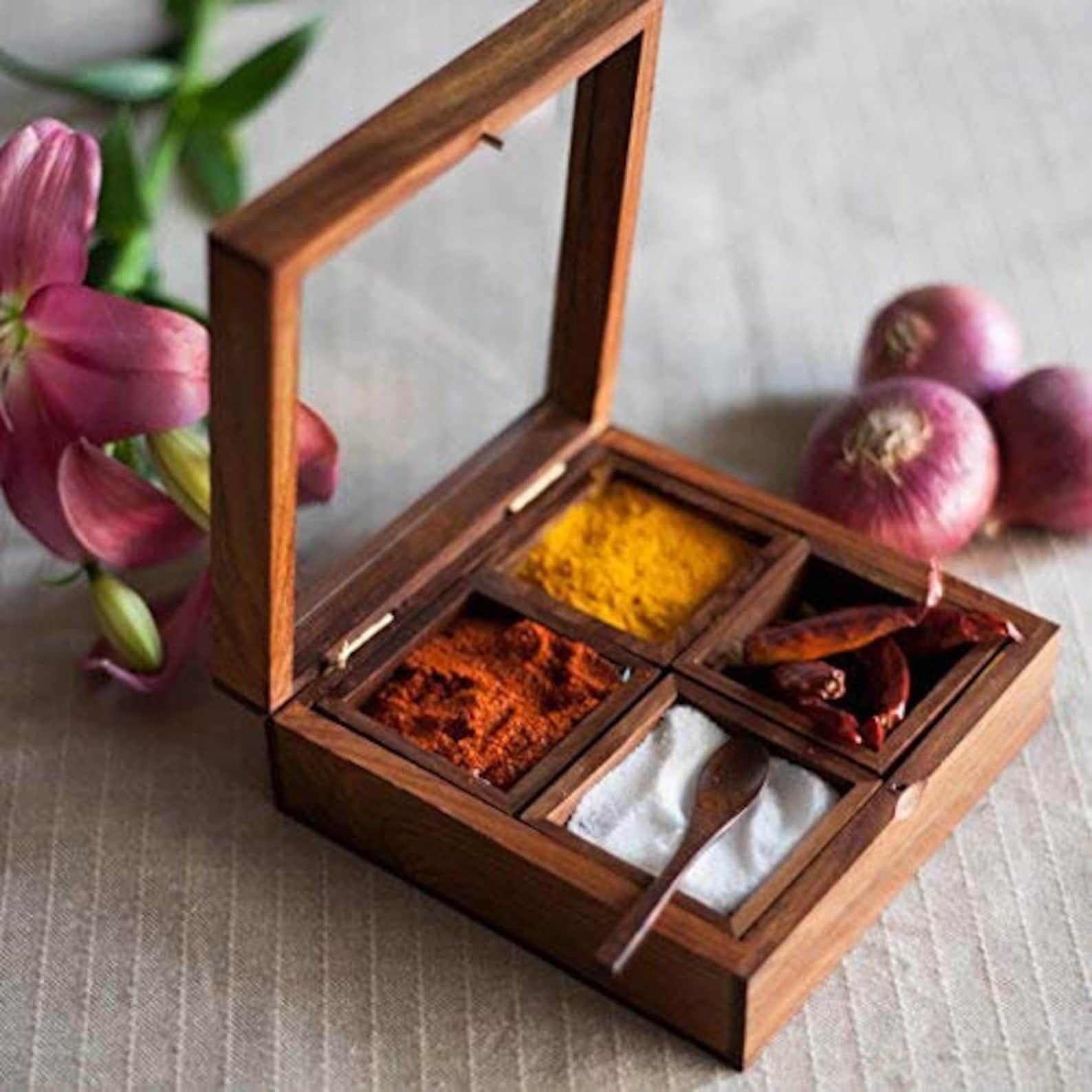 Wooden Spice Box Set for Kitchen with Container & Spoon in Etsy