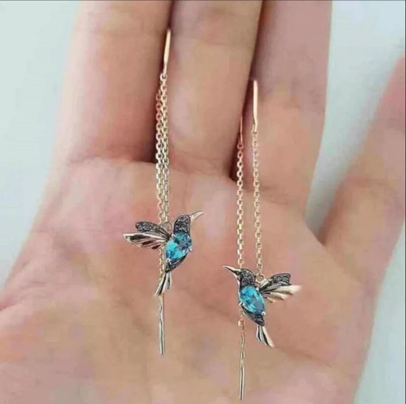 Humming Bird Sterling Silver 925 Enamel Earrings Drop Dangle Blue Green 1.1/4" Humming Bird Sterling Silver 925 Enamel Earrings Drop Dangle Blue Green 1.1/4"