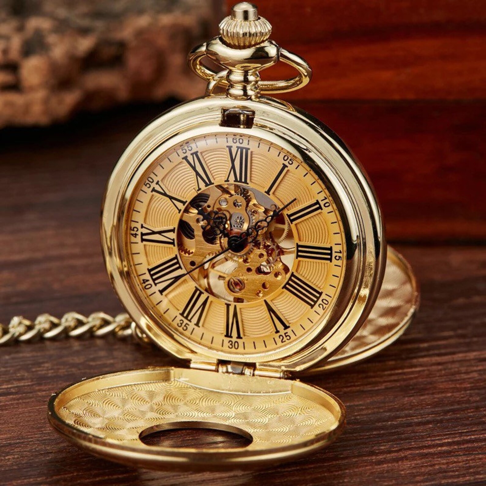 Vintage Mechanical Skeleton Pocket Watch Engraved Royal Black Etsy