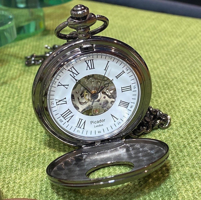 Vintage Mechanical Skeleton Pocket Watch Engraved Royal Black Etsy UK