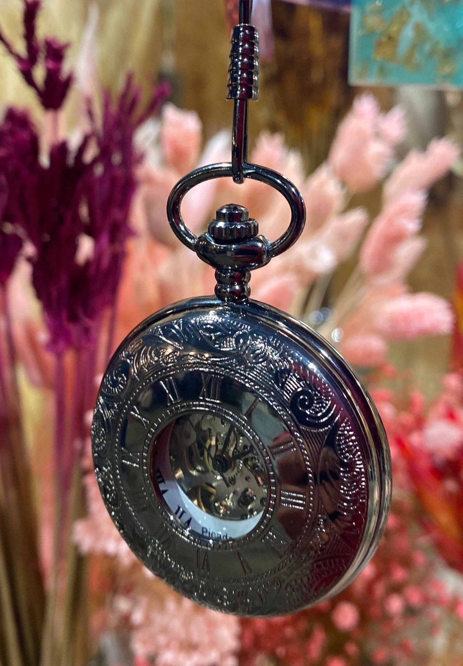 Vintage Mechanical Skeleton Pocket Watch Engraved Royal Black Etsy