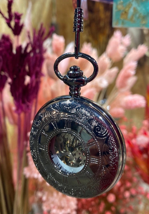 Vintage Mechanical Skeleton Pocket Watch Engraved Royal Black Etsy