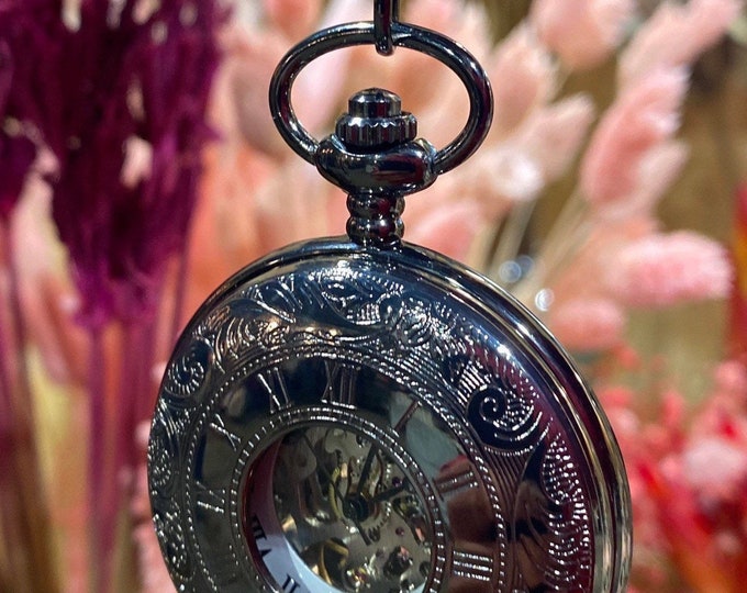 Vintage Mechanical Skeleton Pocket Watch Engraved Royal Black Etsy