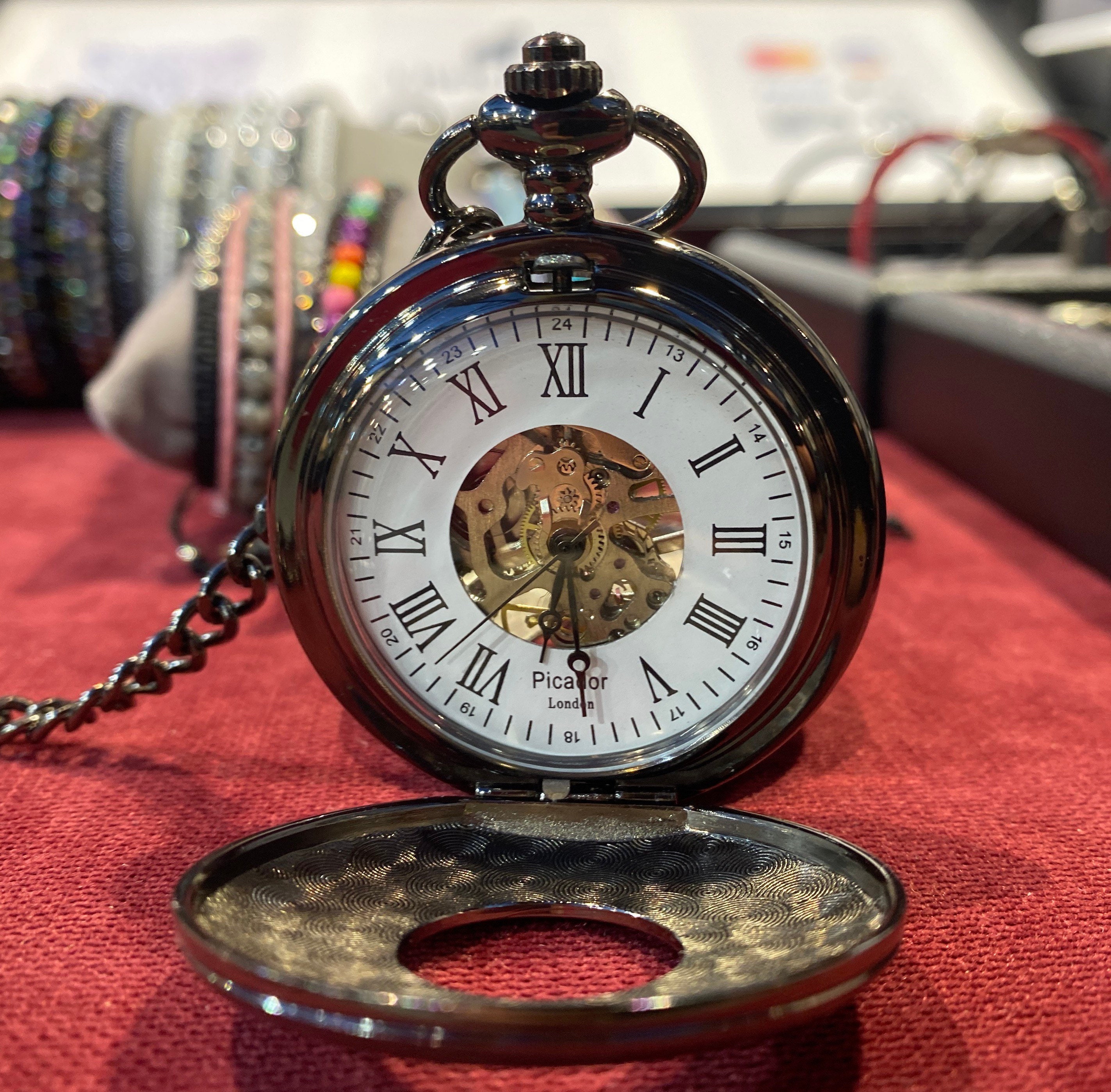 Vintage Mechanical Skeleton Pocket Watch Engraved Royal Black Etsy UK