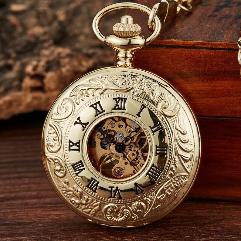 Vintage Mechanical Skeleton Pocket Watch Engraved Royal Black Etsy