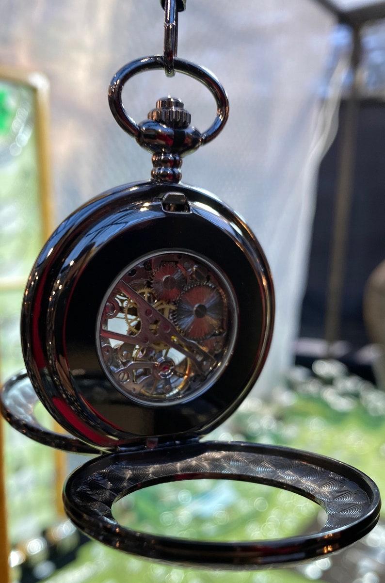 Vintage Mechanical Skeleton Pocket Watch Engraved Royal Black Etsy