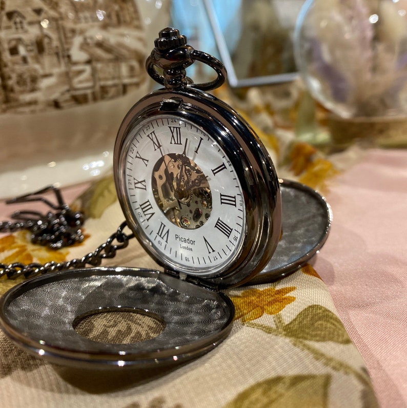 Vintage Mechanical Skeleton Pocket Watch Engraved Royal Black Etsy UK