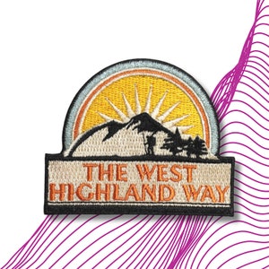 WHW West Highland Way Iron On Sew On Patch Sun Beams Behind Mountain And Walker