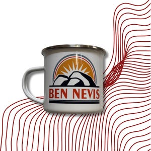 May include: White enamel mug with a silver rim and handle. The mug features a graphic of mountains, a rising sun, and the text "BEN NEVIS". The design is in orange, black, and blue. Ideal for camping or outdoor use.
