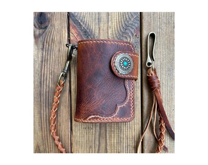 Featured listing image: Handmade Italian Leather Biker Wallet: Concho Snap, Braided Lanyard