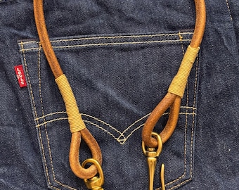 Leather Wallet Lanyard 8 mm Round Leather Cord,  EDC Wallet Chain Alternative with Brass Clasp and Belt Fish Hook
