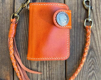 Handstitched Leather Biker Wallet, Leather Biker Wallet with Braided Lanyard, Leather Chain Wallet Handcrafted using Premium Italian Leather