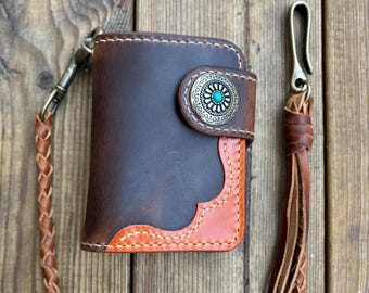 Handmade Biker Wallet, Leather Chain Wallet handcrafted using Italian Cowboy waxy Leather plus handcrafted Braided Lanyard with Belt Hook