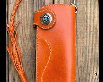 Handmade Long Biker Wallet /Trucker Wallet, Leather Wallet with Braided Lanyard, Leather Chain Wallet