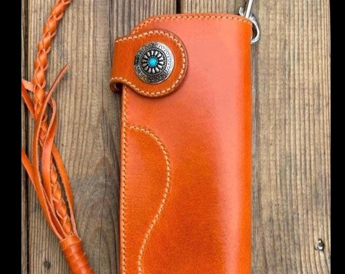Featured listing image: Handmade Long Biker Wallet /Trucker Wallet, Leather Wallet with Braided Lanyard, Leather Chain Wallet