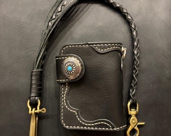 Handmade Italian Leather Biker Wallet with Braided Lanyard, Biker Style