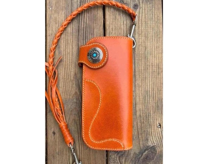 Featured listing image: Handmade Leather Long Biker Wallet with Braided Lanyard