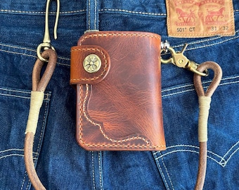 Handmade Veg Tan Leather Biker Wallet with Round Lanyard, Leather Chain Wallet