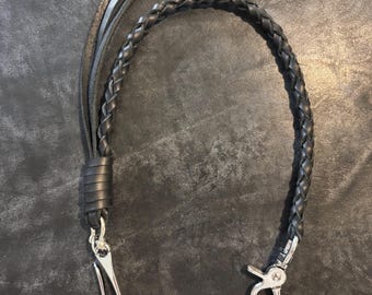 Black Braided Leather Wallet Lanyard • EDC Chain with Belt Fish Hook • Leather Chain Wallet Accessory