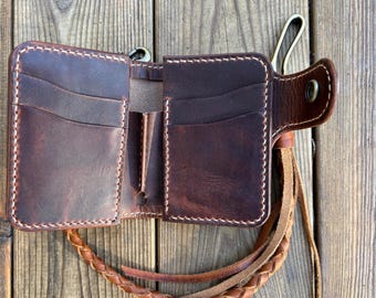 Handmade Biker Wallet, Leather Chain Wallet handcrafted using Italian Cowboy waxy Leather plus handcrafted Braided Lanyard with Belt Hook