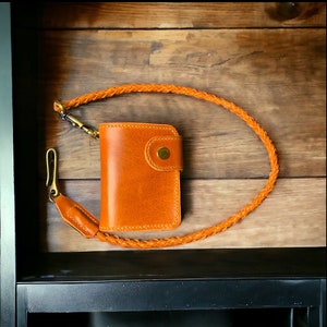 Cartera Biker / Cartera Trucker hecha a mano, Cartera de cuero con cordón trenzado en cuero de calidad italiana con bolsillos para dinero, tarjetas y monedas.