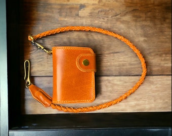 Handmade Biker Wallet /Trucker wallet, Leather Wallet with braided lanyard in Italian quality leather with pockets for money, cards and coin