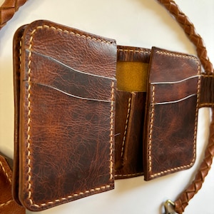 Cartera de motociclista/camionera hecha a mano, cartera con cadena de cuero, cartera con cadena de cuero hecha a mano con gancho para cinturón con cordón trenzado